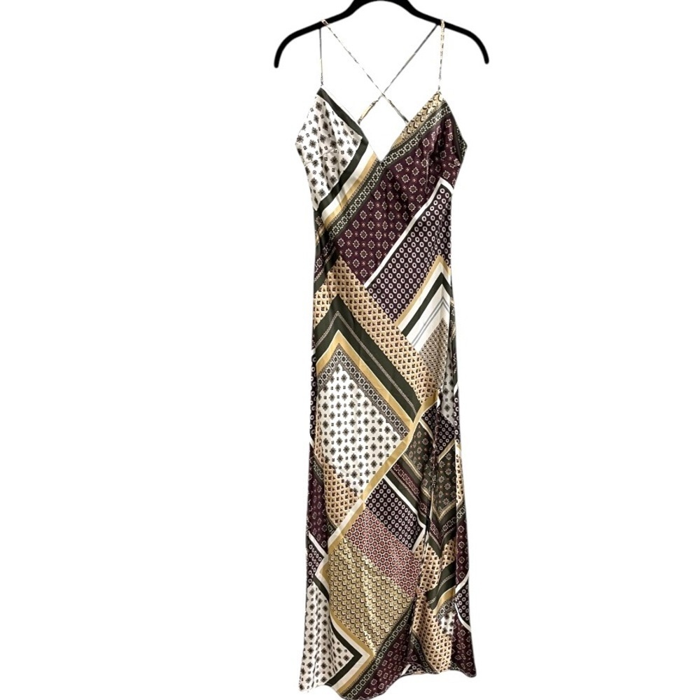 Patchwork cross back thin strap maxi dress, high side leg slit brown white sz S